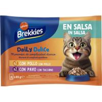 Pollastre i gall d'indiot en salsa per a gat BREKKIES DELICE, pack 4x85 g
