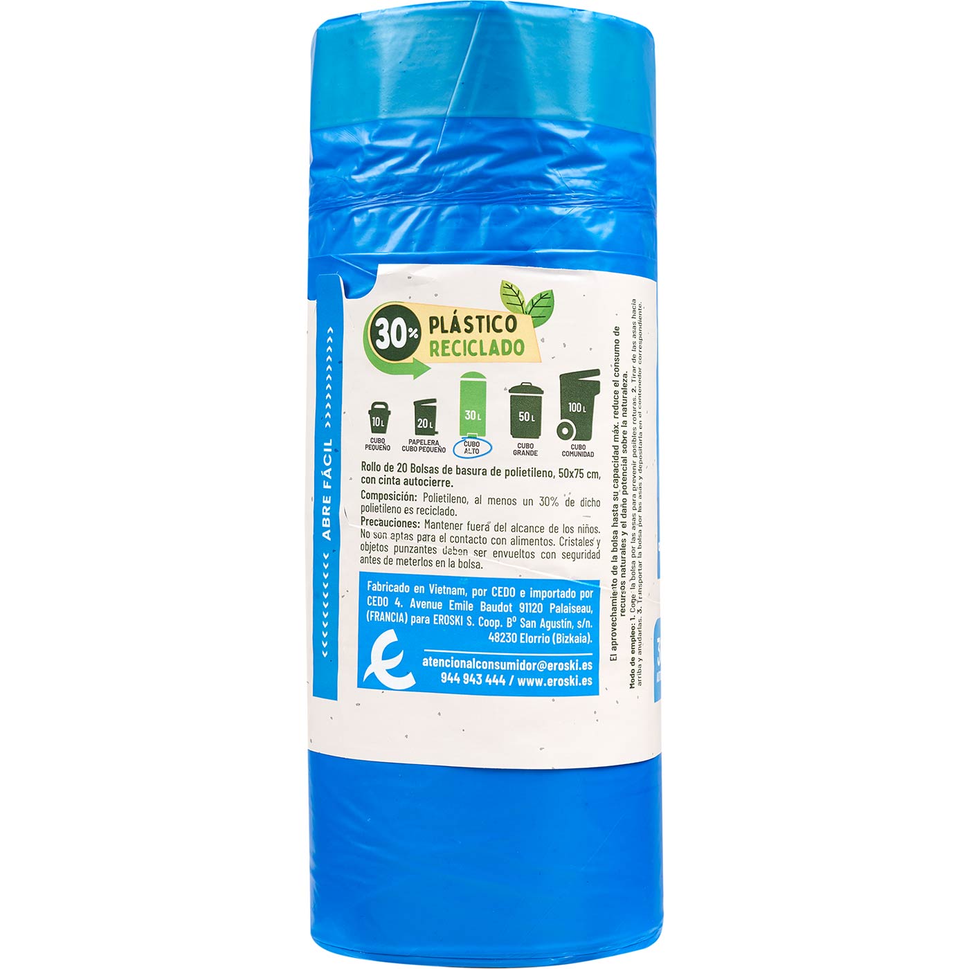 Bolsa basura autocierre azul cubo alto 30L EROSKI, pack 20 uds