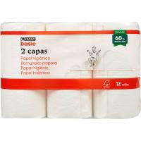 Paper higiènic 2 capes EROSKI basic, paquet 12 rotllos