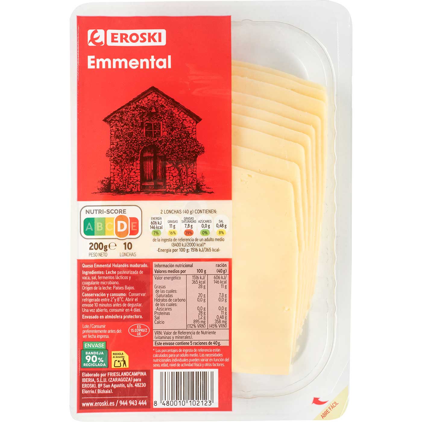 Formatge Emmental EROSKI, rodanxes, safata 200 g