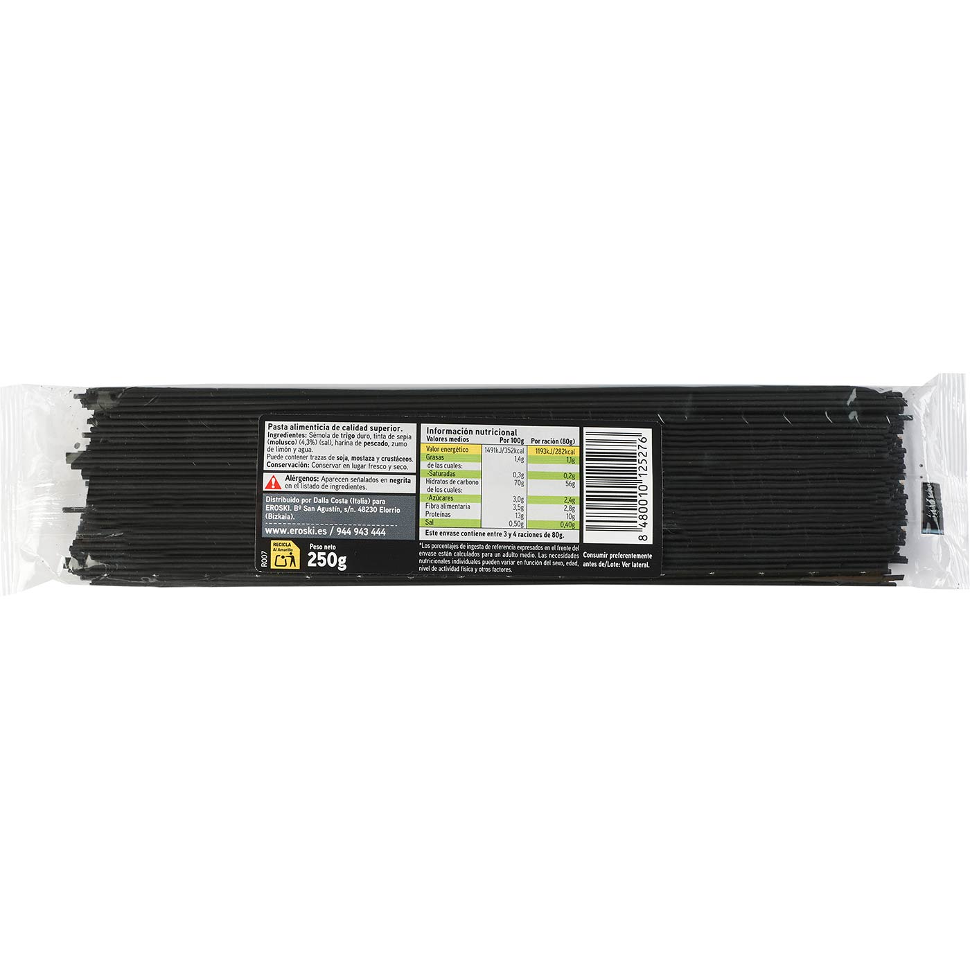 Spaghetti Al Nero Di Seppia EROSKI SELEQTIA, paquete 250 g