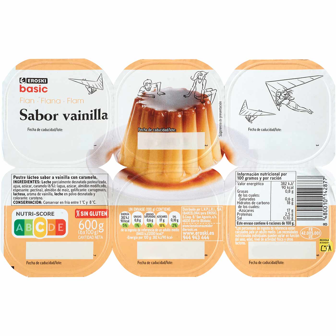 Flam de vainilla EROSKI basic, pack 6x100 g