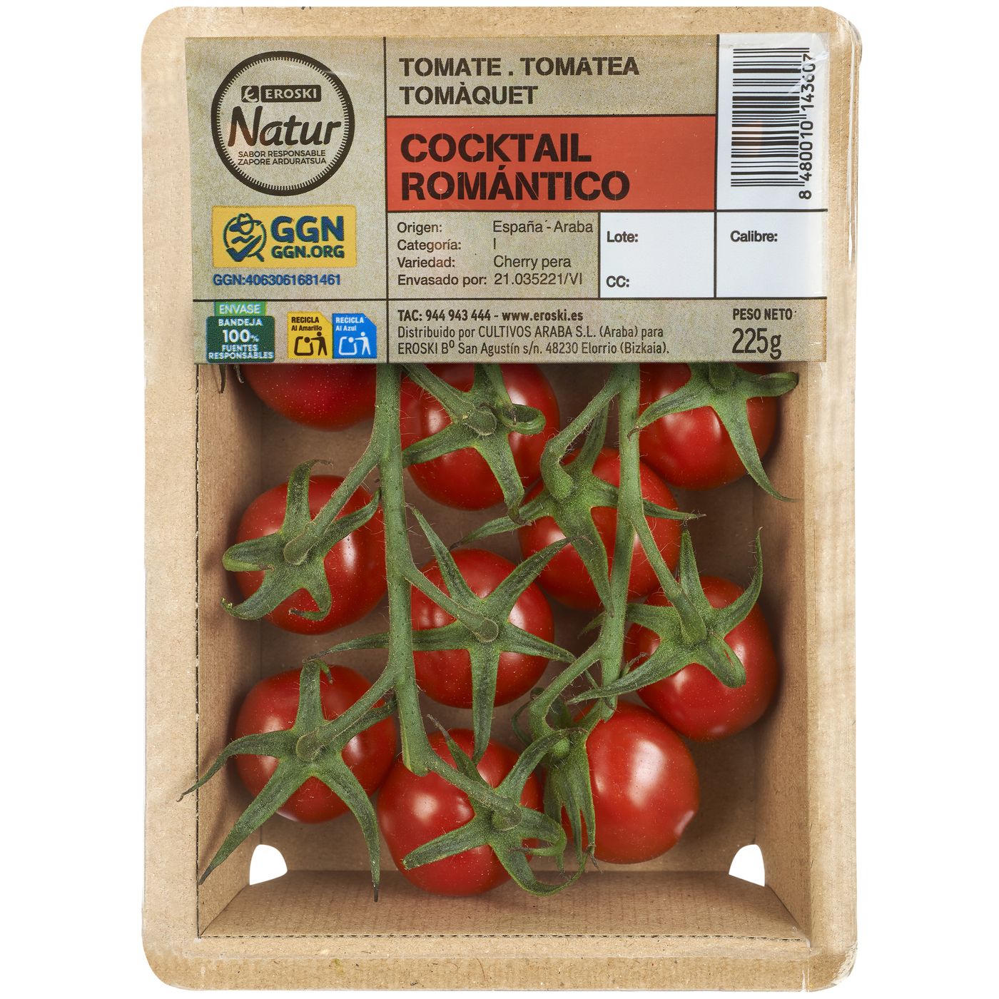 Tomate romántico EROSKI Natur, bandeja 225 g