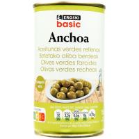 Aceitunas rellenas de anchoa EROSKI BASIC, lata 150 g