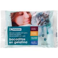 Mossets en gelatina pouches per a gat EROSKI, pack 4x85 g