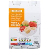 Iogurt líquid sabor maduixa-plàtan EROSKI, pack 4x180 g