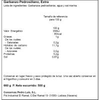 Garbanzo pedrosillano cocido natural PEDRO LUIS, frasco 500 g