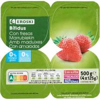 Bífidus amb maduixes 0% matèria grassa 0% sucres afegits EROSKI, pack 4x125 g