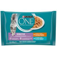 Aliment de pollastre-tonyina gat sensitive PURINA One, pack 4x85 g