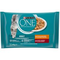 Alimento de pollo-buey gato adulto PURINA One, pack 4x85 g