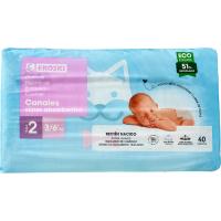 Pañal 3-5 kg T2 canales super absorbentes EROSKI, paquete 40 uds
