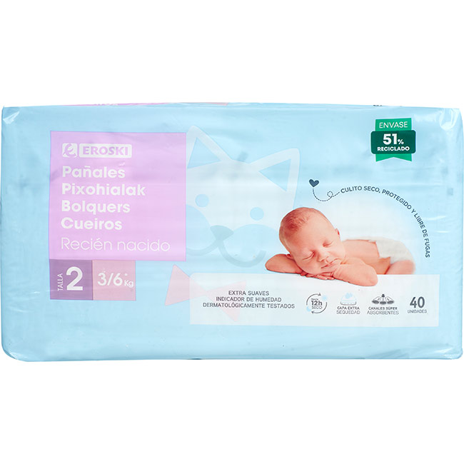 Bolquer 3-5 kg T2 canals super absorbents EROSKI, paquet 40 u