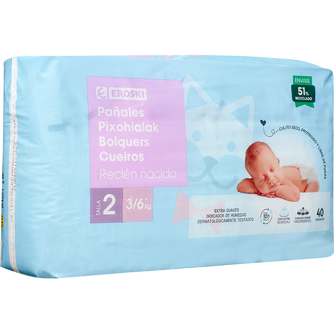 Bolquer 3-5 kg T2 canals super absorbents EROSKI, paquet 40 u