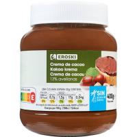 Crema cacau 1 gust 13% avellana sense palmell EROSKI, flascó 400 g