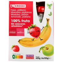 Bolsitas 100% fresa-plátano sin azúcar EROSKI, pack 4x100 g