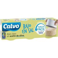 Atún claro en aceite de oliva bajo en sal CALVO, pack 3x65 g