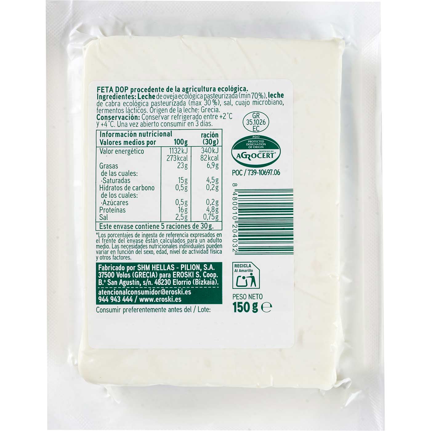 Formatge feta cunya EROSKI BIO, cunya 150 g