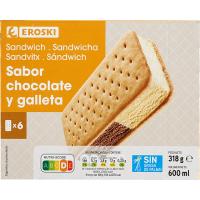 Helado sandwich de chocolate y galleta EROSKI, pack 6x100 ml