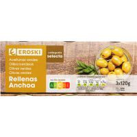 Olives farcides d'anxova EROSKI, pack 3x50 g