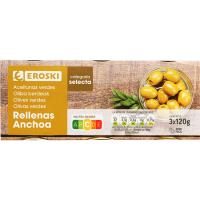 Aceitunas rellenas de anchoa EROSKI, pack 3x50 g