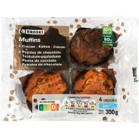 Muffins cacao y pepitas chocolate EROSKI, 4 uds, paquete 300 g