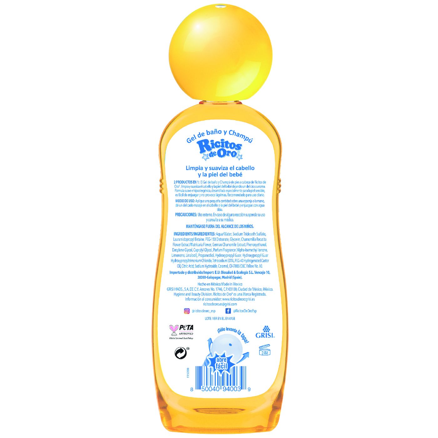 Gel baño y champú de manzanilla RICITOS DE ORO, bote 500 ml