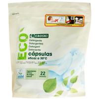 Detergente en cápsulas ecolabel EROSKI, botella 22 dosis