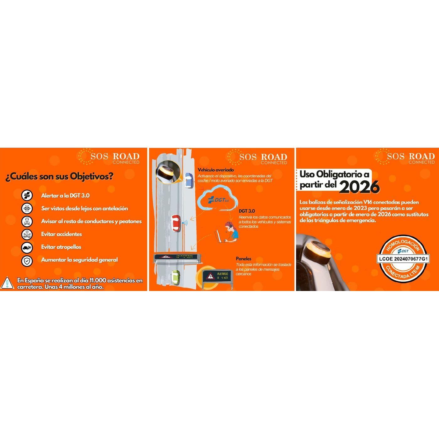Baliza V16 con geolocalización, homologada DGT, datos gratis hasta 2038 SOS ROAD
